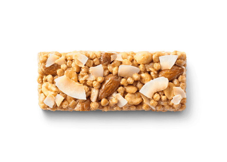 An unwrapped Cascadian Farm granola bar sitting on a table