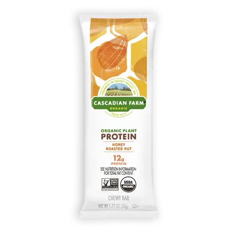 Single Cascadian Farm Organic Honey Roasted Nut Chewy Granola Bars, front of bar
