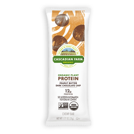 Single Cascadian Farm Peanut Butter Dark Chocolate Chip Protein Chewy Bar, front of bar