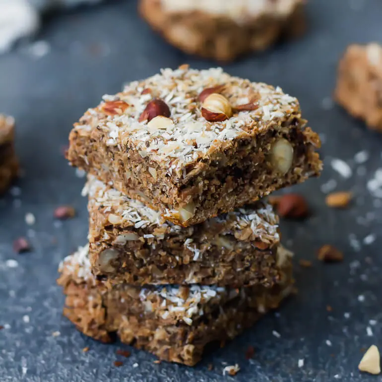 Recipe image of three chocolate coconut energy bars made with Cascadian Farm Organic Dark Chocolate Almond Granola