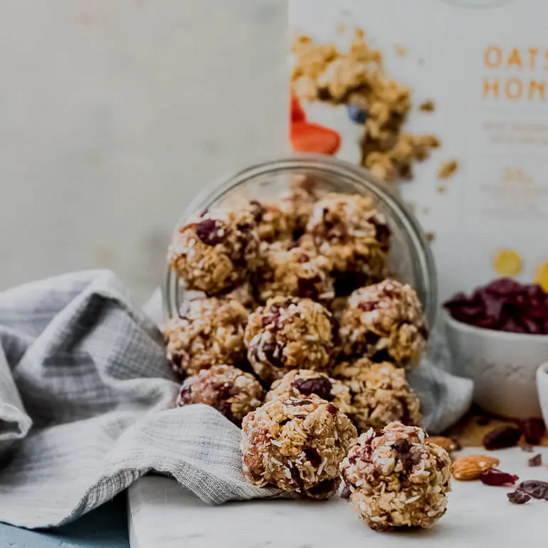 image of a handful of Cascadian Farm no bake granola bites prepared recipe