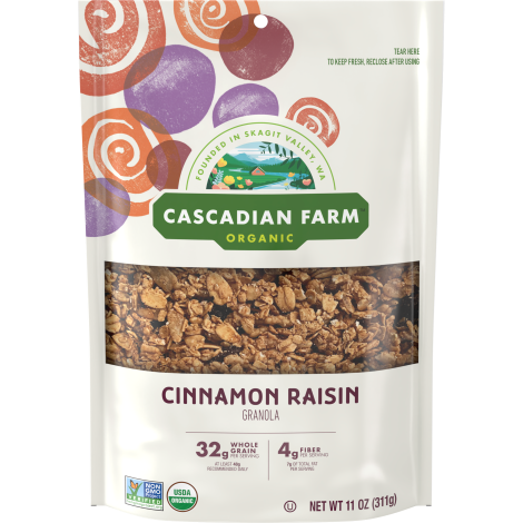 Cascadian Farm Organic cinnamon raisin granola, front of package