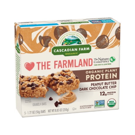 Cascadian Farm Peanut Butter Dark Chocolate Chip Protein Chewy Bar, front of package