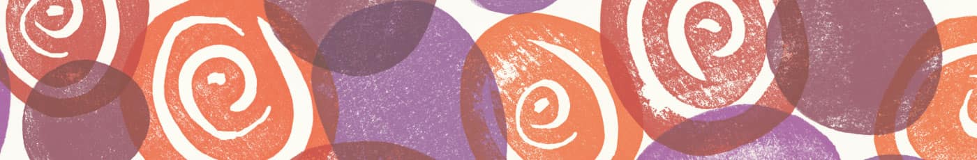 Purple, red, and orange stamped pattern of swirls and overlapping circles