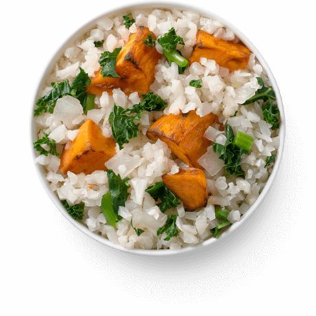 Product image of a bowl of Cascadian Farm Riced Cauliflower Blend with roasted sweet potato and kale