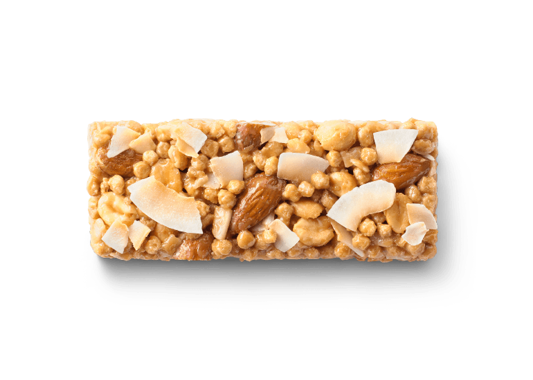 An unwrapped Cascadian Farm granola bar sitting on a table