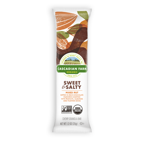 A single Cascadian Farm Organic Sweet and Salty Mixed Nut Chewy Granola Bar