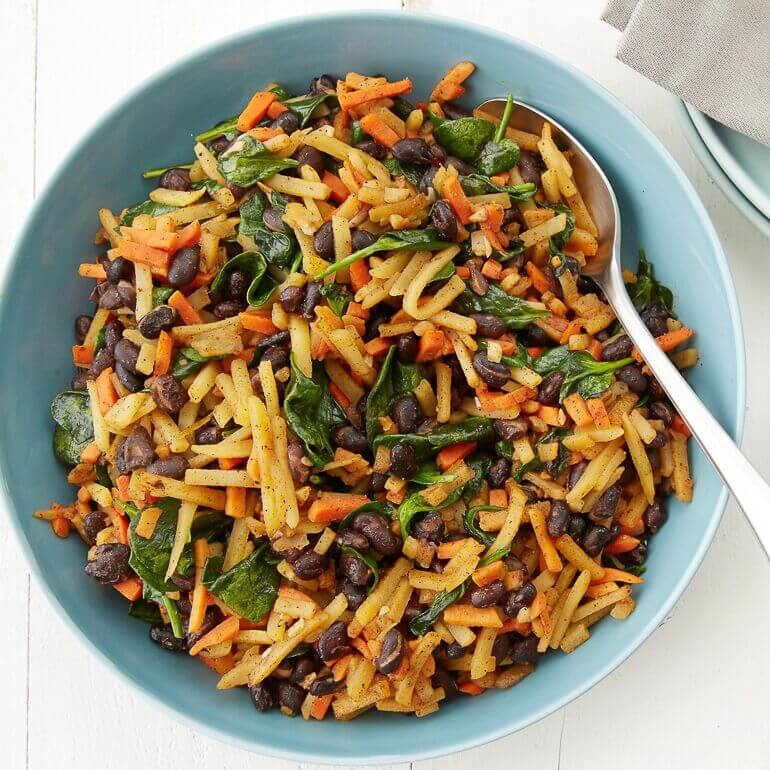 Recipe image of a bowl of root vegetable hash with black beans