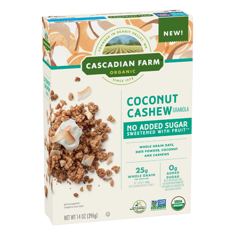 A box of Cascadian Farm Organic Coconut Cashew Granola