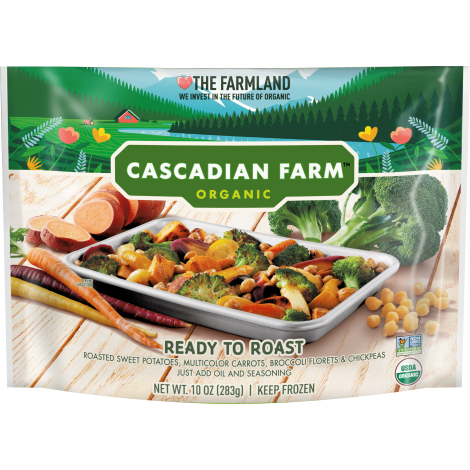 Cascadian Farm Organic ready to roast vegetables, front of package