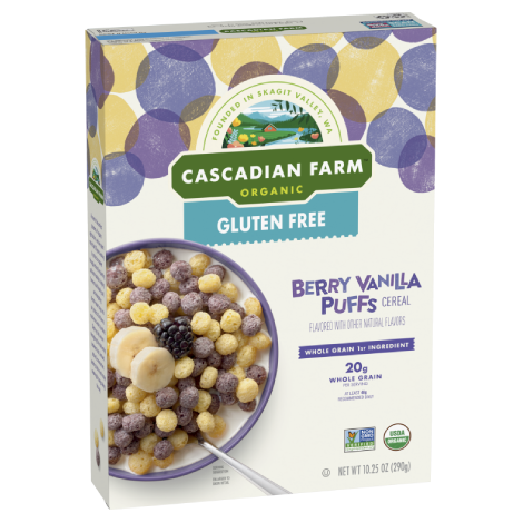 Cascadian Farm Gluten free Berry Vanilla Puffs Cereal, Front of package