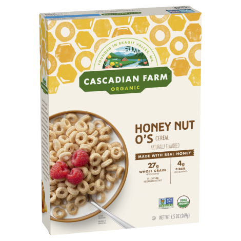 Cascadian Farm Organic Honey Nut O's Cereal, Front of package