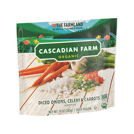 Cascadian Farm Organic diced onions, celery and carrots, front of package