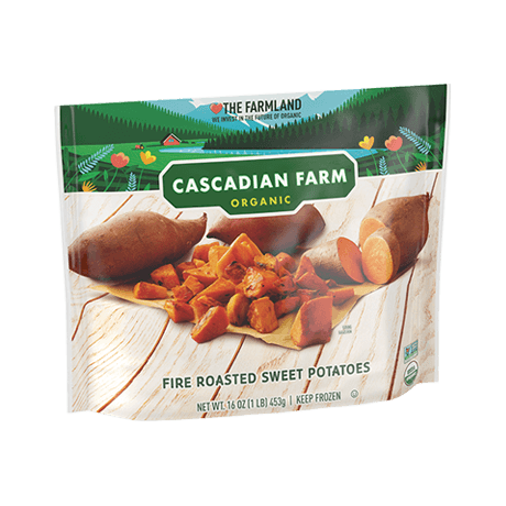 Cascadian Farm Organic fire roasted sweet potatoes, front of package