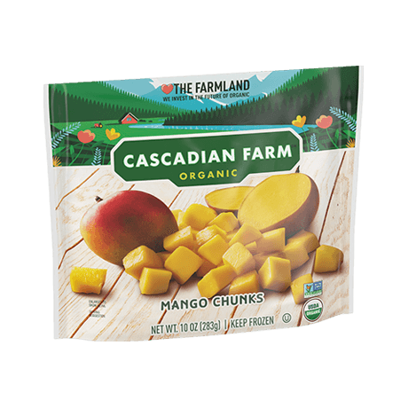 Cascadian Farm Organic mango chunks, front of package