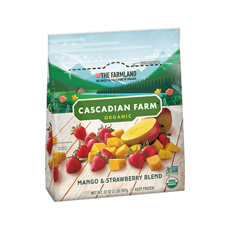 Cascadian Farm Organic mango and strawberry blend, front of package