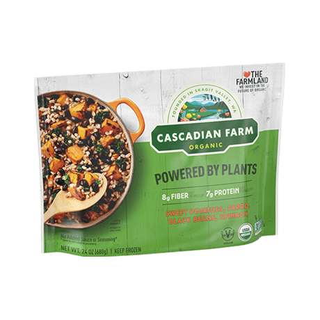 Cascadian Farm Organic Powered by Plants, Sweet Potatoes, Farro, Black Beans and Spinach, front of package