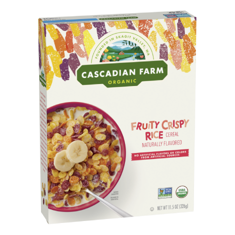 Cascadian farm Fruity Crispy Rice Cereal, front of package