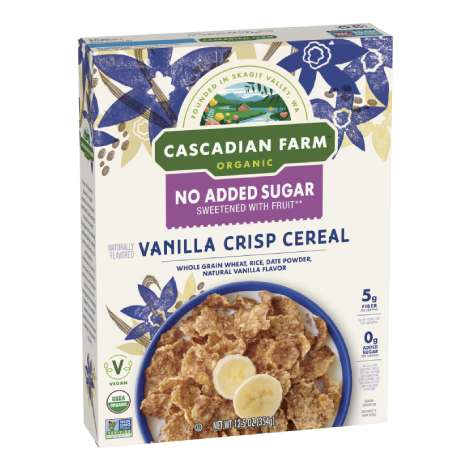 Cascadian farm No Added Sugar Vanilla Crisp Cereal, front of package